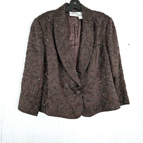 Oleg Cassini Black Tie Beaded Satin Jacket - Brown Bronze - size 16 - EUC - Picture 1 of 11
